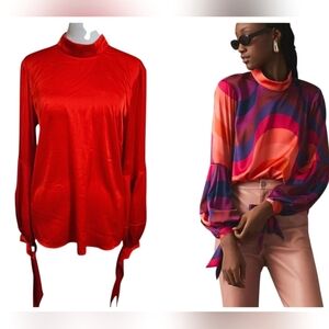 HUTCH Myla Popover Mock Neck Tie Sleeves Blouse In Red Satin. Size S/M NWT